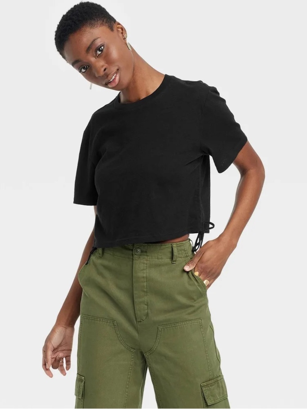 Universal Thread Black Short-Sleeve Cropped Tee with Side Tie